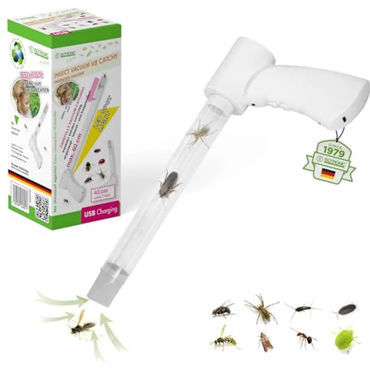ISOTRONIC Insekten- und Spinnenfänger, elektrischer Sauger mit Teleskopstiel und LED-Spotlight, humane Entfernung von Insekten ohne Kontakt, 60 cm Reichweite