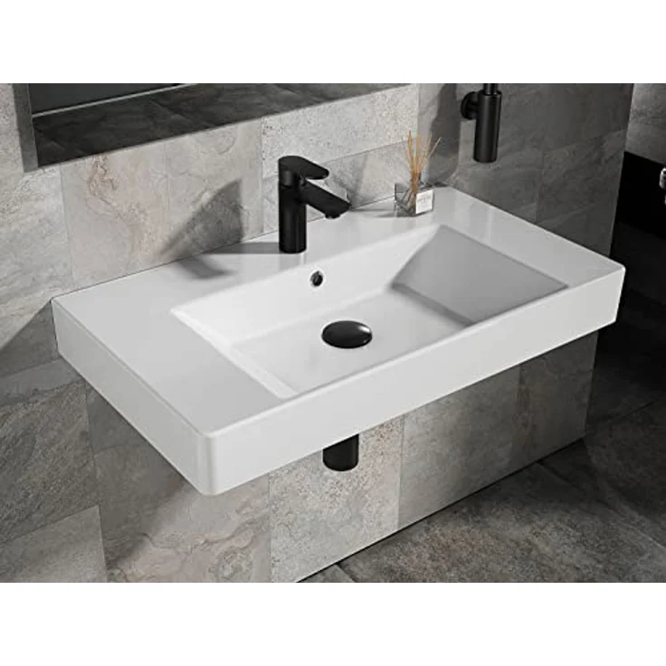 Aqua Bagno Universal Waschbecken mit Ablage, Keramikwaschbecken in Weiß, hängend, 80 cm breit – Bild 2