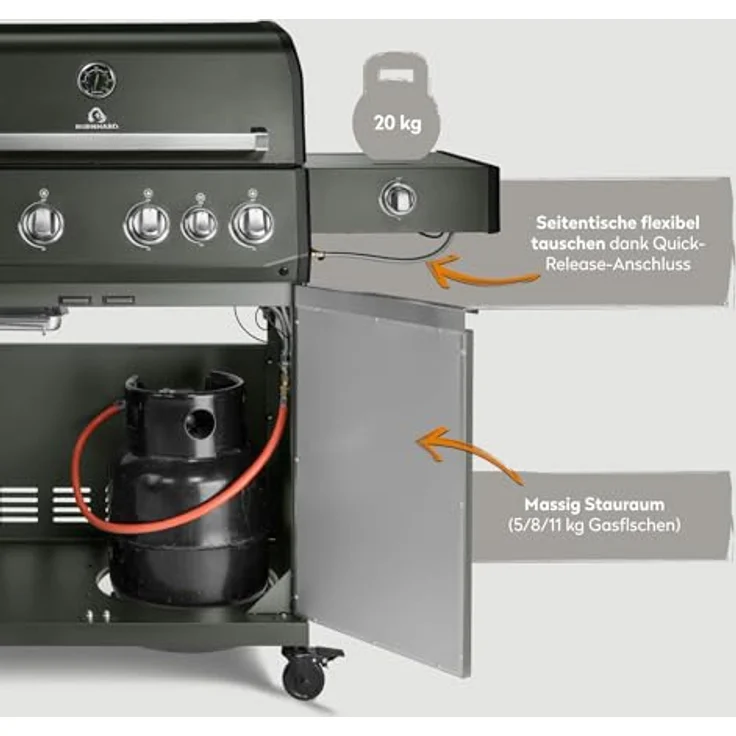 BURNHARD® Big FRED Deluxe, Gasgrill 4-Brenner mit 21,2 kW, Infrarot-Keramikbrenner, Edelstahl-Stabbrenner, Seitenkochfeld, große Grillfläche 70 x 41,5 cm, Piezo-Zündung, Gussrost – Bild 5
