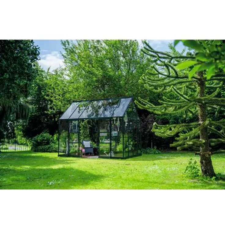 Halls Icon 8 Planthouse, Gewächshaus 9,7 m² mit 3 mm Sicherheitsglas, grün, Aluminium-Gestell, vier Dachfenster, Doppelschiebetüren