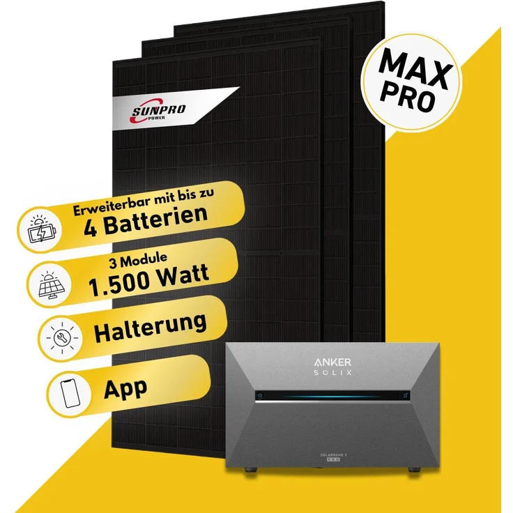 Balkonstrom Balkonkraftwerk 1500W Solaranlage mit Speicher, 2x Bifazial Solarmodul, Biberschwanzdachhalterung, Anker Solix 4 Pro, 15m Kabel