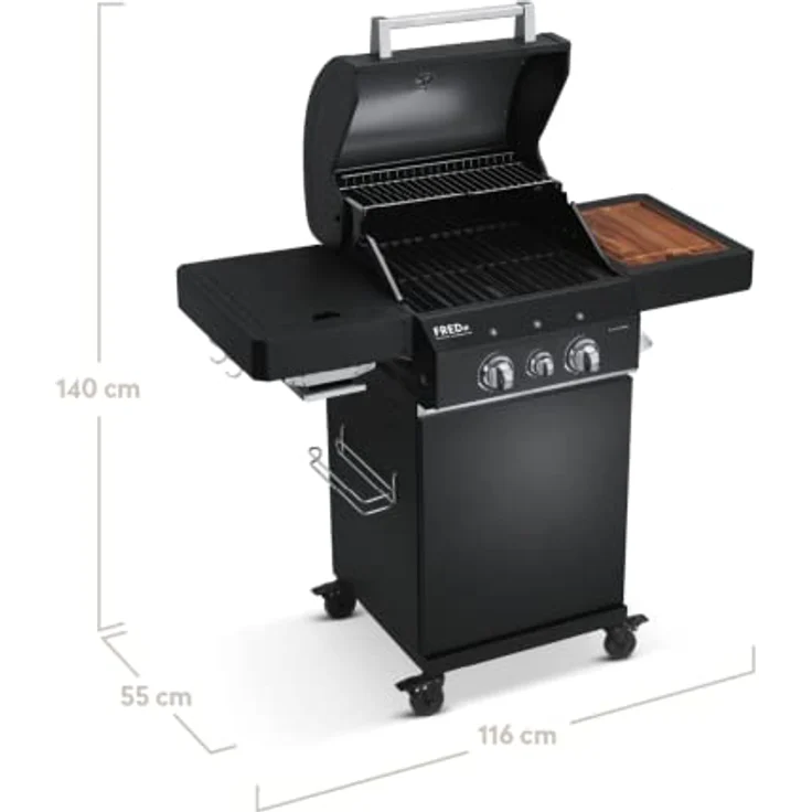 BURNHARD 2-Brenner Gasgrill FRED Jr. Deluxe BLACK 2023 inkl. 900°C Infrarot-Keramikbrenner, Gusseisen-Grillrost, Grillabdeckung, Grillwagen + klappbare Seitentische – Bild 2