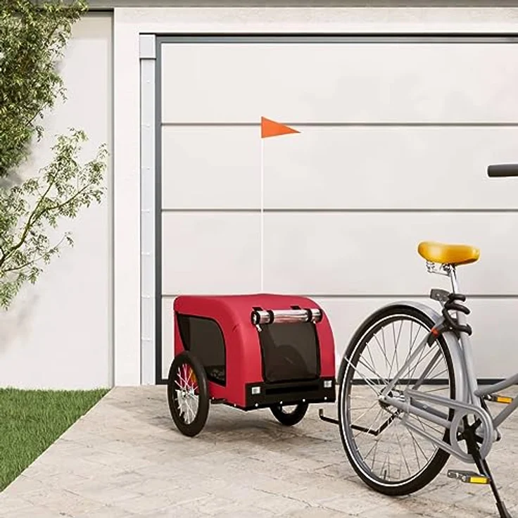 vidaXL Fahrradanhänger für Hunde, Hundeanhänger mit Reflektoren Flagge, Hundetransporter Maximale Belastbarkeit 45kg, Rot Schwarz Oxford-Gewebe Eisen – Bild 2