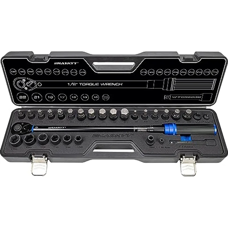HASKYY Drehmomentschlüssel Set 1/2" 50-350 Nm Auto PKW KFZ Verlängerungsstange Bits Nüsse Werkstatt Service Werkzeug Satz