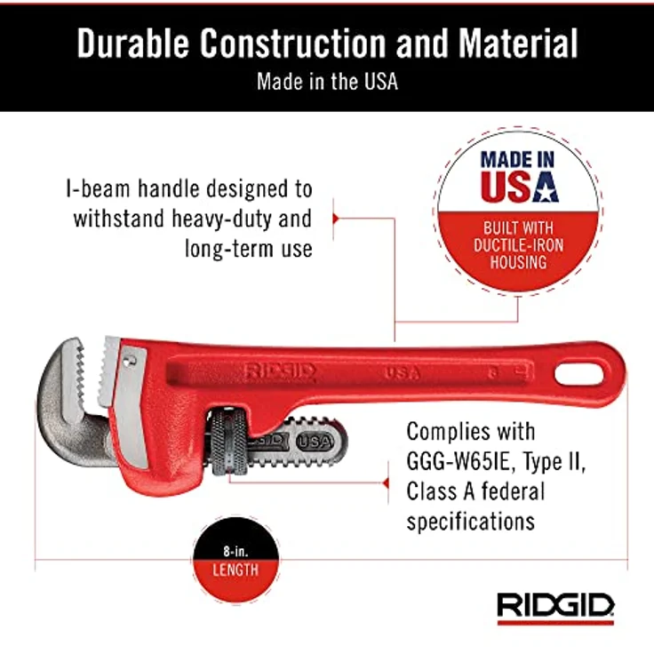 RIDGID 31005 Modell 8'' gerade Rohrzange für schwere Beanspruchung, 8'' Sanitär-Schraubenschlüssel – Bild 4