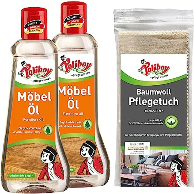 POLIBOY Möbel Öl - nährendes Holzpflegemittel für Holzmöbel - farbloses Holzöl - 2x 200ml mit Baumwolltuch - Made in Germany