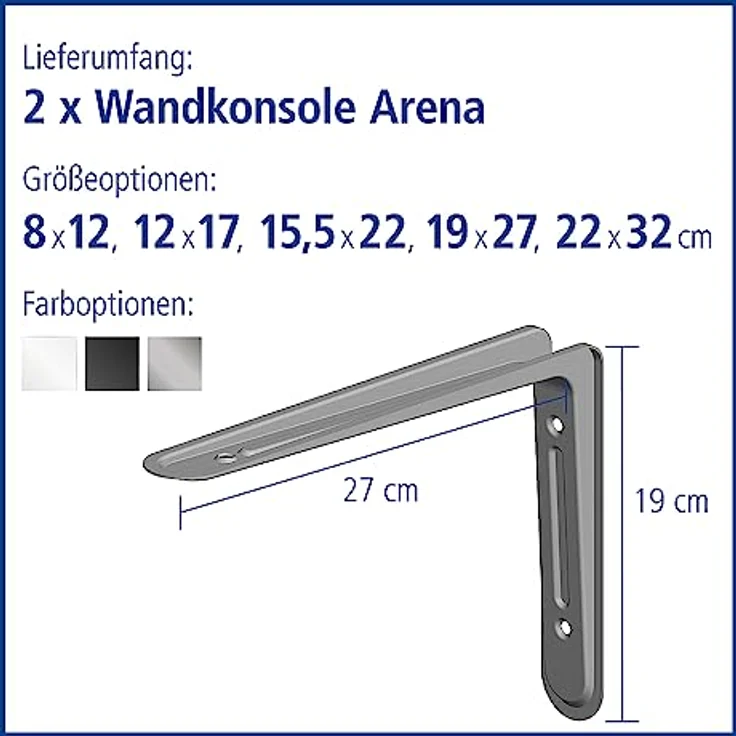 Element System 18133-00157 Regalkonsole Arena-Regalträger - 5 Größen - 3 Farben - 2 Stück-weißaluminium - 190 x 270 mm, 190x270 mm – Bild 3