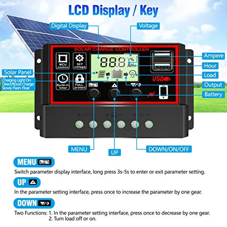 Depvko 30A Solar-Laderegler, PWM Controller für 12V/24V Systeme, mit 5V Dual USB Port und LCD-Anzeige für Blei-Säure-Batterien – Bild 4