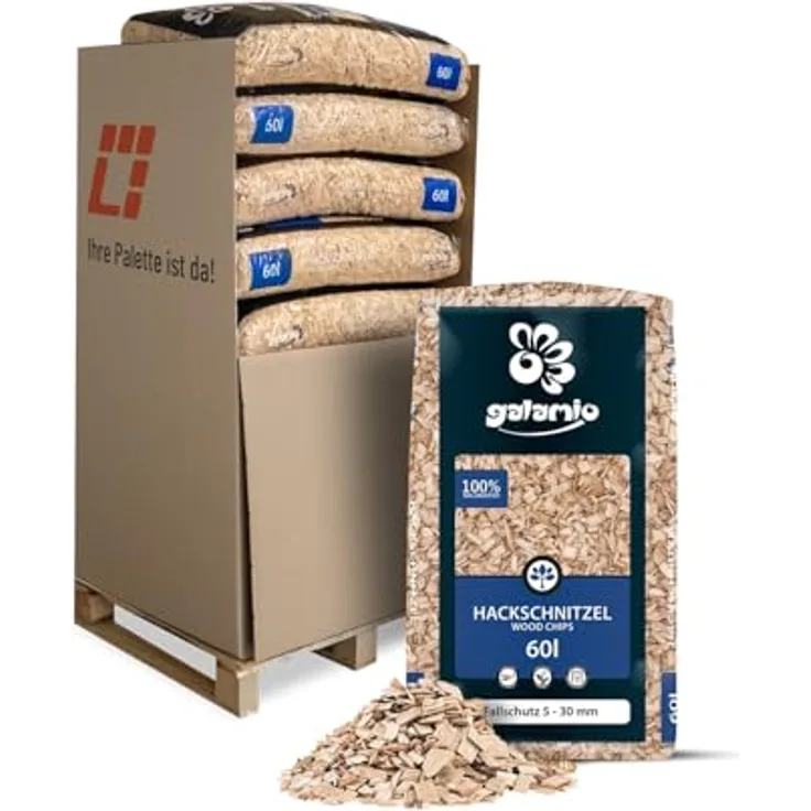 GALAMIO Holzhackschnitzel Mulch aus Kiefer (Pinus Sylvestris) für Garten, 5-30mm Körnung, 720l (12x60l Säcke) - naturbelassen, unkrauthemmend, stoßdämpfend für Spielplätze