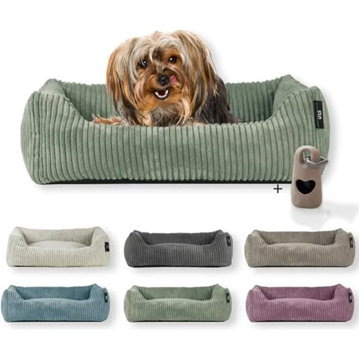 Rohrschneider Hundebett waschbar | für kleine und mittelgroße Hunde | mit Hundekissen Cord | 2 Größen (ca. 55x42 cm/ca. 70x50 cm) inkl. Gassibeutel (Salbei 55 cm, Cordstoff breit)