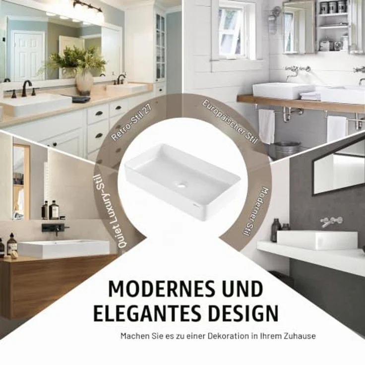 VEVOR Rechteckiges Aufsatzwaschbecken 61 x 35 cm, weißes Keramik-Waschbecken mit tiefem Spritzschutz und modernem Design für Badezimmer, Hotel – Bild 5