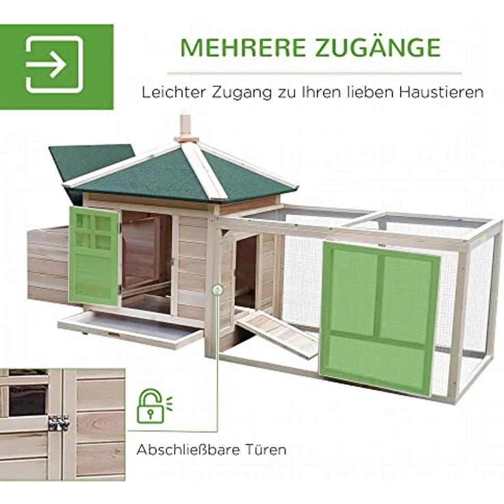 PawHut Hühnerstall mit Auslauf, Nistkasten, Stange, aus Kiefernholz, für Zwerghühner, Natur – Bild 4