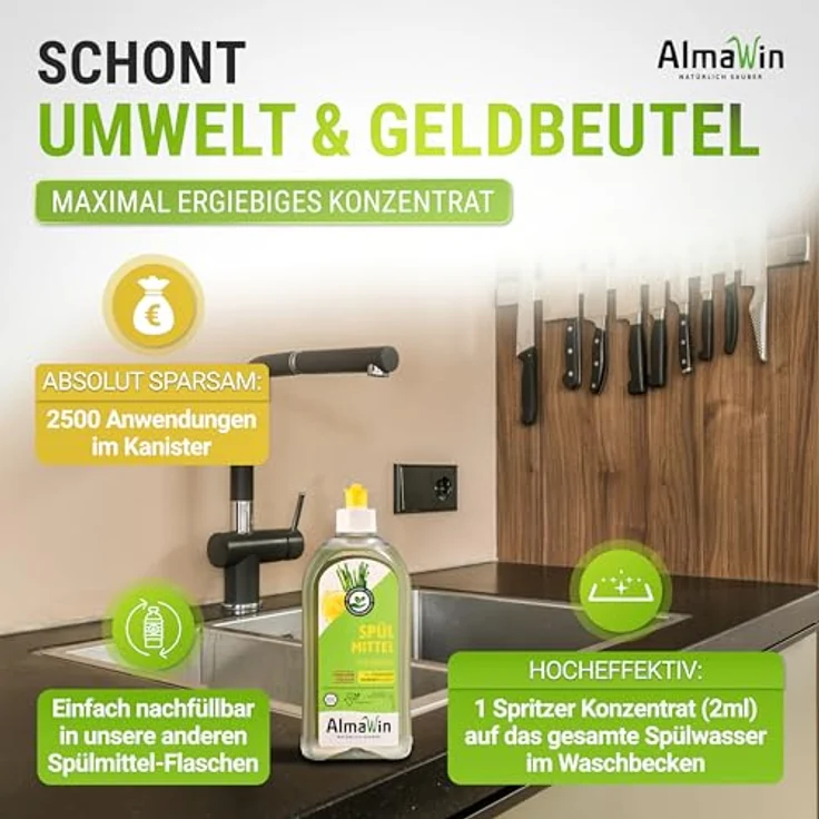 Almawin Spülmittel Zitronengras Kanister 5L, hochkonzentriertes Geschirrspülmittel mit frischem Zitrusduft, vegane Formel, klimaneutral, dermatologisch getestet – Bild 3