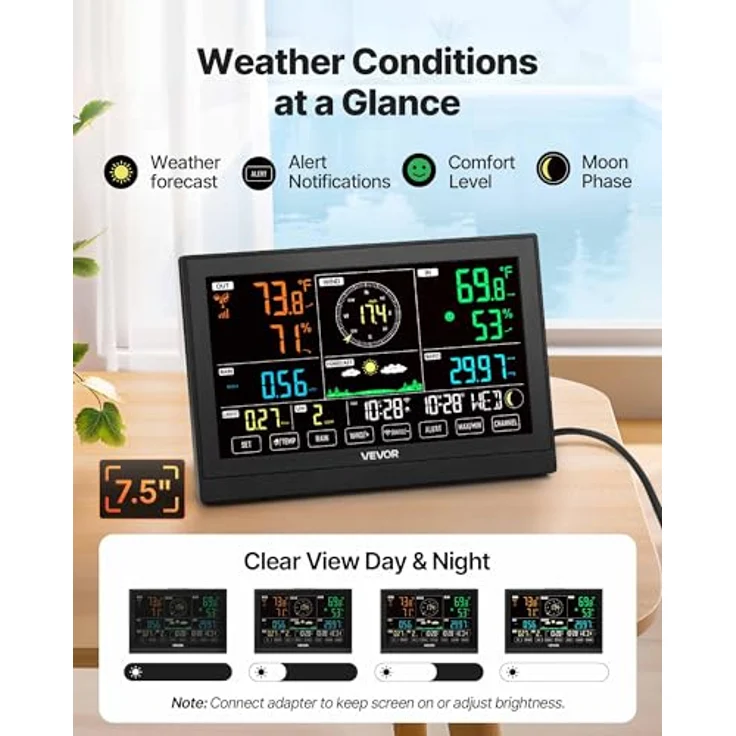 VEVOR 7-in-1 WLAN-Wetterstation mit APP, 7,5-Zoll-Display, solarbetriebener Außensensor, Poolthermometer und Regenmesser für Wettervorhersage und Windgeschwindigkeit – Bild 4