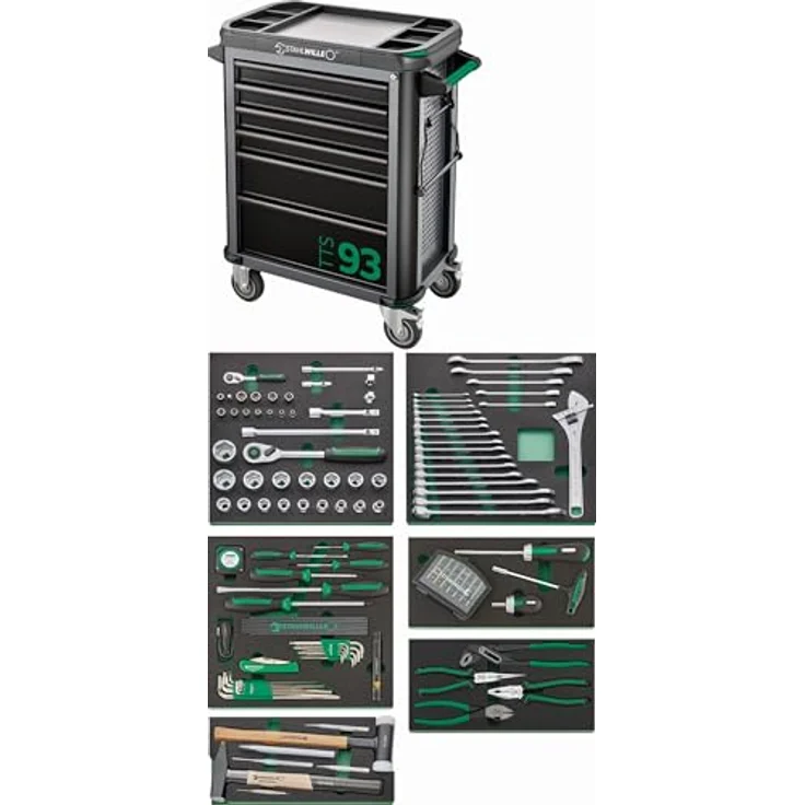 Stahlwille Premium-Werkzeugsortiment 93/157QR, Werkzeugwagen + Montagewagen mit 6 Schubladen, Zentralverriegelung, automatischem Schubladeneinzug und ölbeständigen Leichtlaufrädern – Bild 1