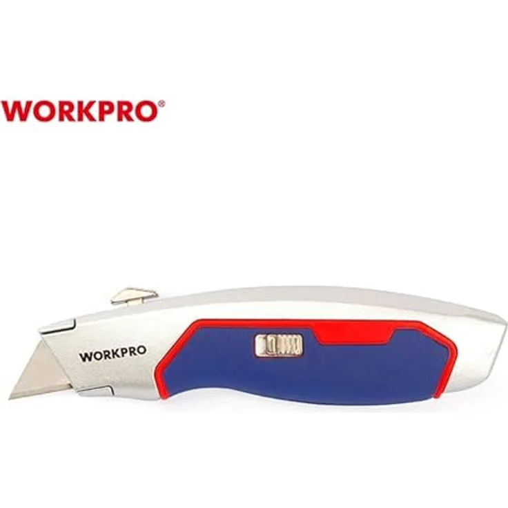 WorkPro Cuttermesser WP213011, Teppichmesser mit Zinklegierungsschneidkopf, Aluminiumgriff, schnellem Klingenwechsel und 10 Ersatzklingen – Bild 5