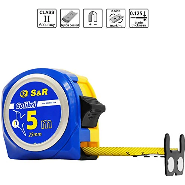 S&R Bandmaß 5m x 25 mm mit Magnet-Haken, Nylon-Polymer Maßband BEIDSEITIG bedruckt, COLIBRI - Serie, schlagfestes Gehäuse, Massband Zollstock Metermaß Rollband, blau – Bild 3