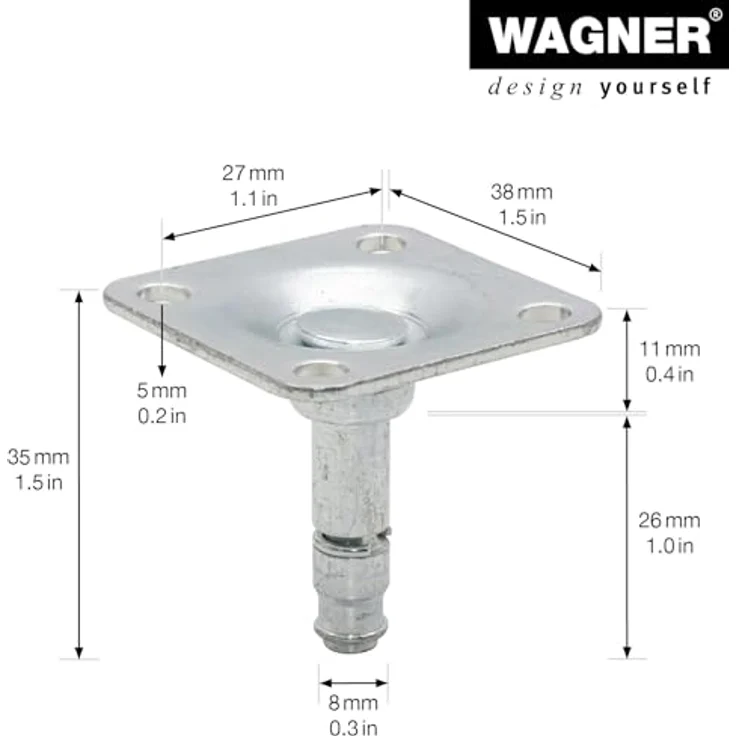 WAGNER Anschraubplatte 2tlg. - 38 x 38 / Ø 8 mm x 11/26/35 mm, Stahl verzinkt - 2er Set für Möbelrolle / Möbelgleiter, Wagner Norm-System, 8 mm-Aufnahme – Bild 2