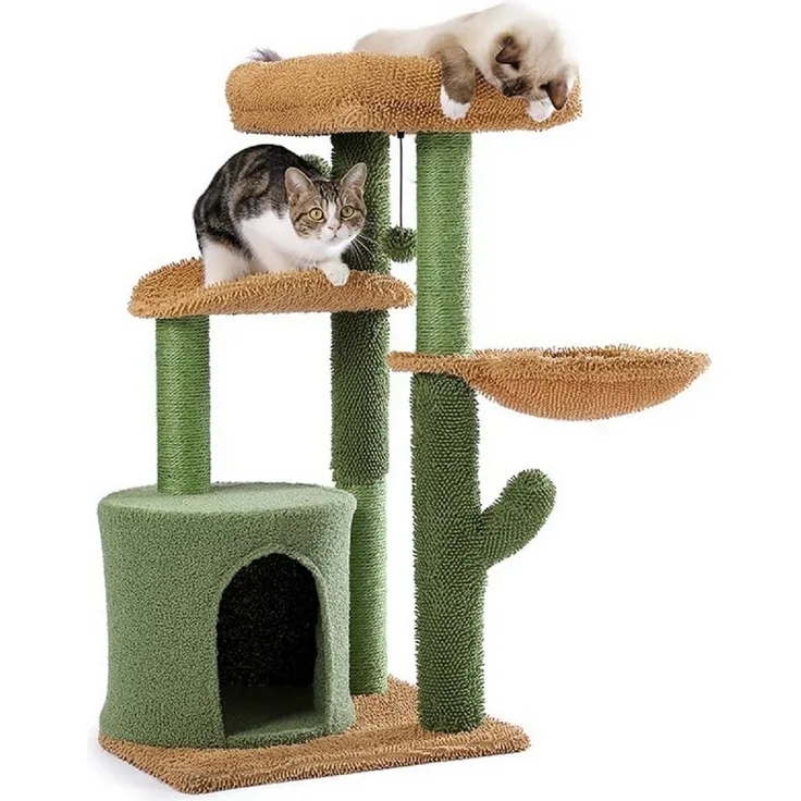 purplerain Kratzbaum Kaktus-Katzenbaum, 90 cm Katzenturm für Indoor-Katzen, mit Sisal-Kratzstämmen, Hängematte und Pomponball