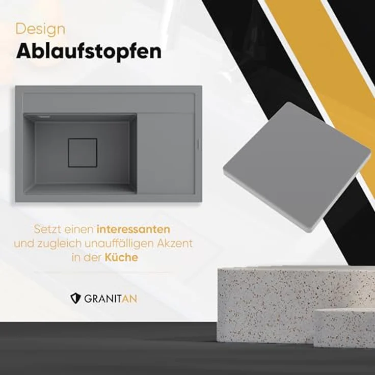 Granitan Spülbecken RENDO 81x50,5x22 cm - Hitzebeständig und leicht zu reinigen - Einbauspüle mit Abtropffläche und Siphon - Schwarz – Bild 4