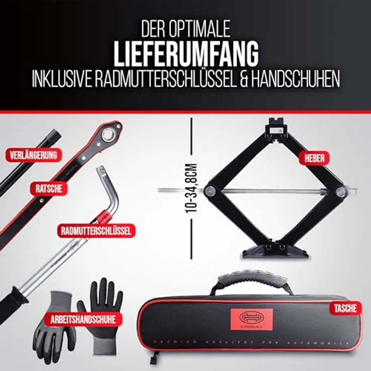 HEYNER® Ultra Lift S PRO, Scherenwagenheber Set 1t Traglast mit drehbarem Sattel, Radmutternschlüssel & Montagehandschuhe, Hubhöhe 100-348mm, Schwarz – Bild 4