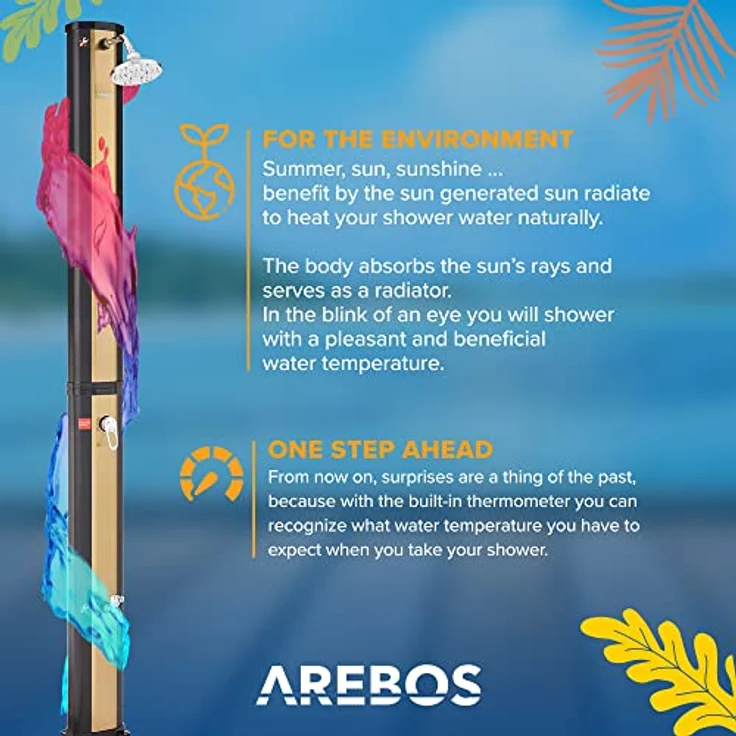 Arebos Solardusche 35 Liter, 216 cm, bis 60°C, inklusive Abdeckhaube, 40 Liter UV-beständiger PVC-Tank, Wassertemperatur-Regulierung, Fußdusche, Golden – Bild 5