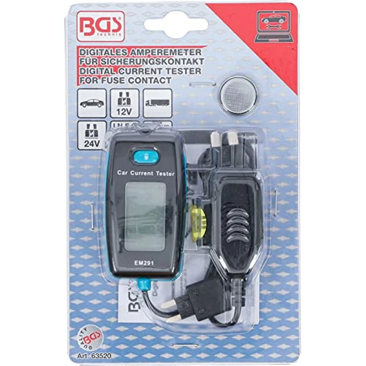 BGS, Digitales Amperemeter für Sicherungskontakt, Multimeter für 12/24 V Systeme, max. 20 A – Bild 4
