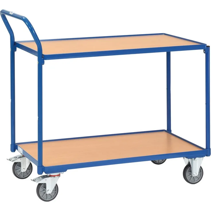 FETRA Transportwagen Tischwagen 2740, 2 Etagen, 850x500mm, Tragkraft 300 kg, blau mit Holzwerkstoffplatte