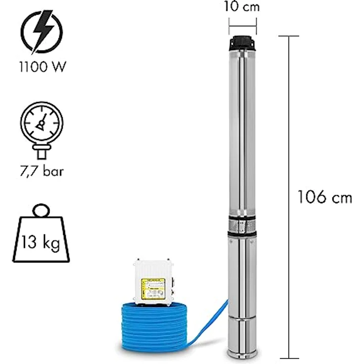 EBERTH 4" Tiefbrunnenpumpe, elektrischer Edelstahlbrunnen mit 1100W, max. Förderhöhe 74m, 20m Stromkabel, Anschlussgewinde 1 1/2 Zoll, mit Schmutzsieb – Bild 2