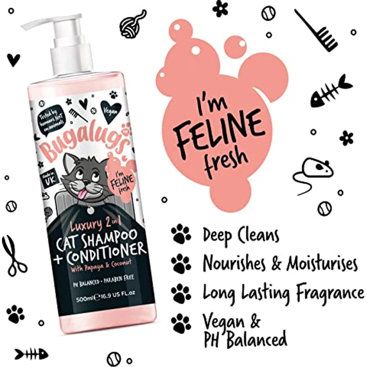 Bugalugs 2in1 Katzenshampoo + Conditioner, 500 ml, pH-neutral, mit Papaya und Kokosnuss, Lake District – Bild 4