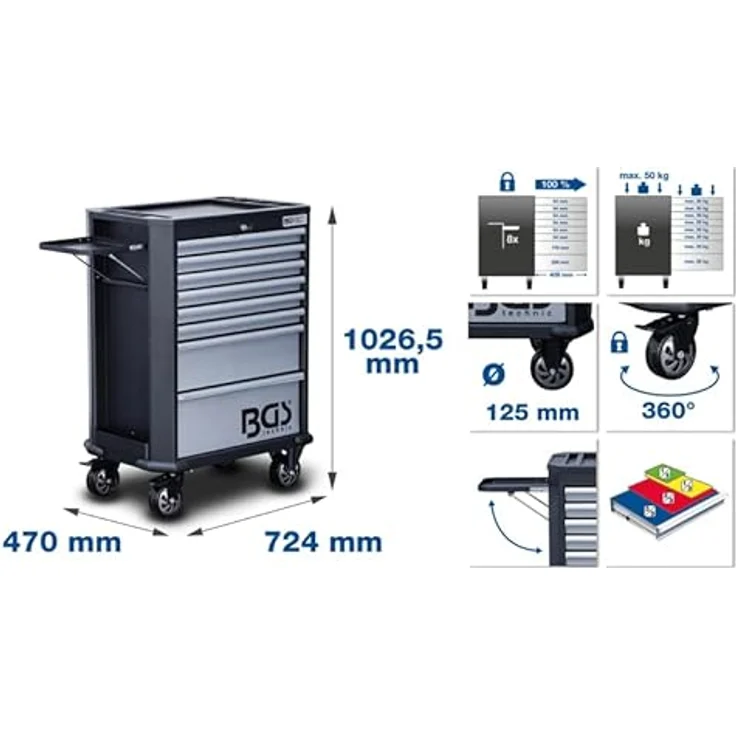 BGS TECHNIC Werkstattwagen 8 Schubladen leer, stabile Stahlblechkonstruktion mit pulverbeschichtetem Korpus, abschließbar, hohe Belastbarkeit bis 25 kg pro Schublade, blau – Bild 2