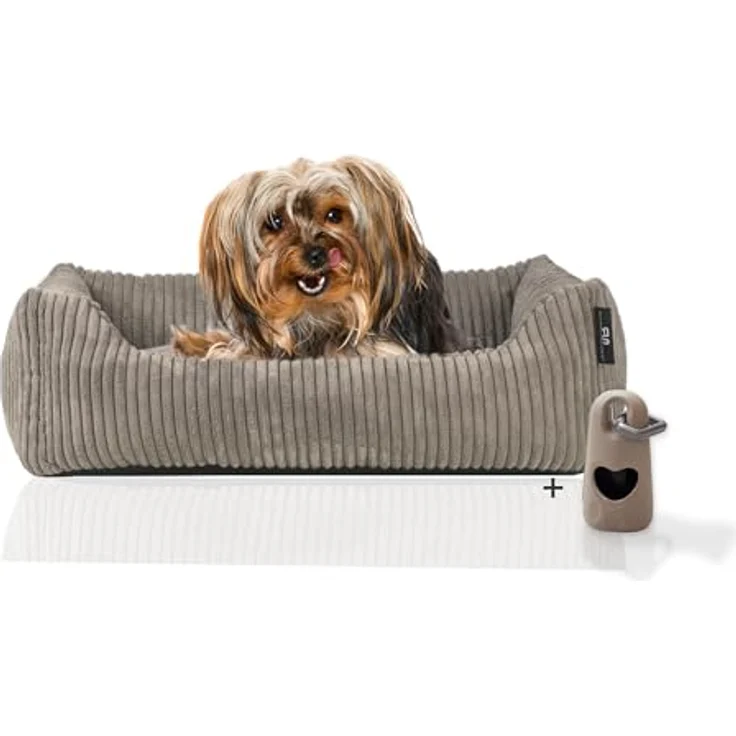 Rohrschneider® Hundebett waschbar für kleine und mittelgroße Hunde mit Hundekissen Cord (ca. 55 x 42 cm) inkl. Gassibeutel (Taupe 55 cm, Cordstoff breit) – Bild 1