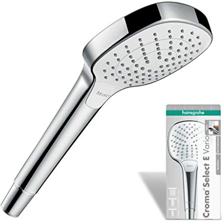 hansgrohe Handbrause Croma Select E, Duschkopf mit 3 Strahlarten, Duschbrause, Antikalk-Funktion, Weiß/Chrom