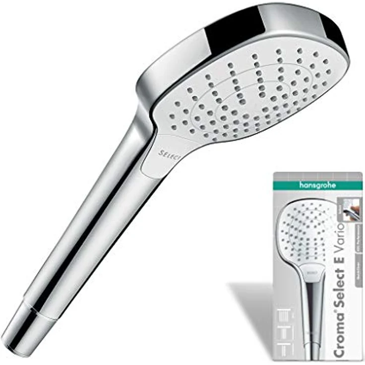 hansgrohe Handbrause Croma Select E, Duschkopf mit 3 Strahlarten, Duschbrause, Antikalk-Funktion, Weiß/Chrom – Bild 1