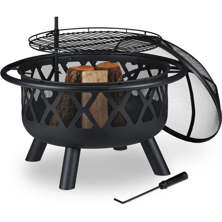 relaxdays Feuerschale mit Grillrost & Funkenschutz, XXL Feuerstelle in Schwarz, ideal für Terrasse und Garten