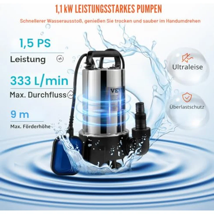 VEVOR Tauchpumpe 1100W Schmutzwasserpumpe mit 333,3L/min Durchfluss, IPX8 wasserdicht, automatischer Schwimmerschalter, zuschneidbarer Auslass – Bild 3