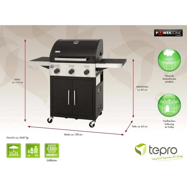 Tepro Gasgrill Keansburg 3 SE, 3-Brenner, Gussrost, abklappbare Seitenablagen – Bild 4