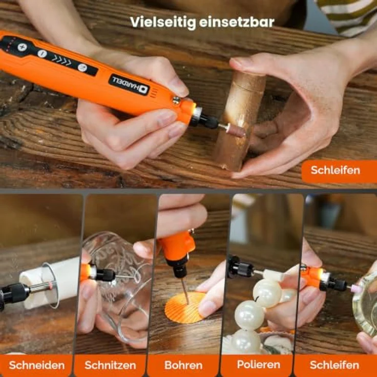 HARDELL Mini Akku Rotationswerkzeug, 5 Geschwindigkeiten (5000-18000 U/min), 3,7V mit 69 Zubehörteilen, LED-Licht, orange – Bild 4