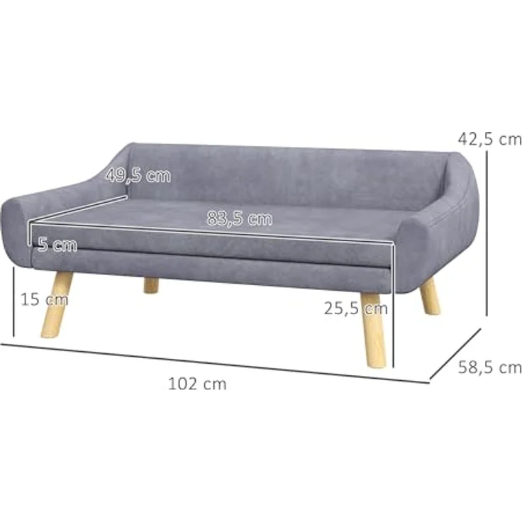 PawHut Hundesofa Katzensofa mit Rückenlehne, Hundecouch mit Holzbeine, Haustiersofa mit Kissen, Hundebett für mittelgroße und große Hunde, Samt, Grau, 102 x 58,5 x 42,5 cm – Bild 5