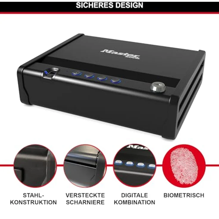 MASTER LOCK Biometrischer Tresor (Fingerabdruckerkennung) (Kompakt) MLD08EB Ideal für Scheckbücher, Geld, Schmuck, Ausweise, Pistolentresor – Bild 5