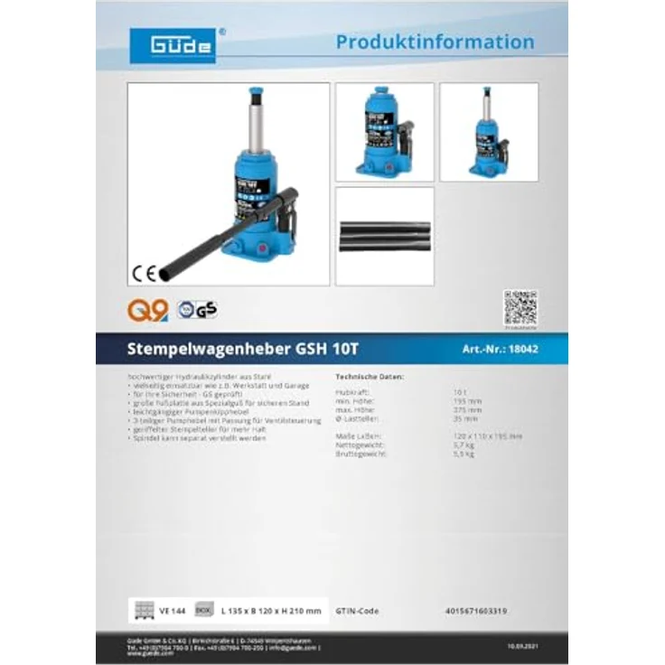 Güde Stempelwagenheber GSH 10T Max. Hebelast: 10t (18042) – Bild 5