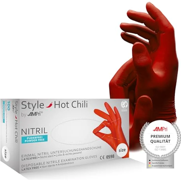 AMPri Nitrilhandschuhe, rot, 100 Stück/Box, Größe M, puderfrei, Style Hot Chili by Med-Comfort: Nitril Einmalhandschuhe, Einweghandschuhe in den Größen XS, S, M, L, XL – Bild 1