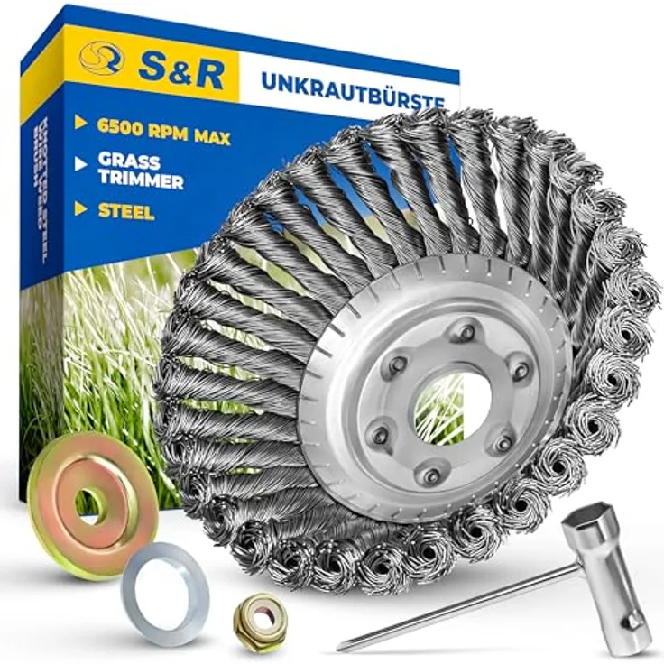 S&R Stahlbürste Unkrautbürste 150 mm, 5-TLG Set mit Stahldraht gezopft für Rasentrimmer und Freischneider zur Entfernung von Unkraut und Moos