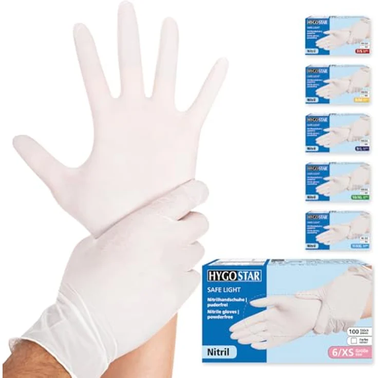 FRANZ MENSCH Hygostar Nitrilhandschuhe Safe Light | puderfrei, weiß, 6/XS, 24cm, 100 Stück, Einweghandschuhe – Bild 1