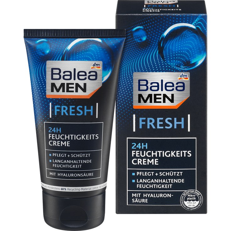 Balea MEN Fresh Gesichtscreme 75 ml – 24h Feuchtigkeit mit Hyaluron, ohne Alkohol, zieht schnell ein, vegan