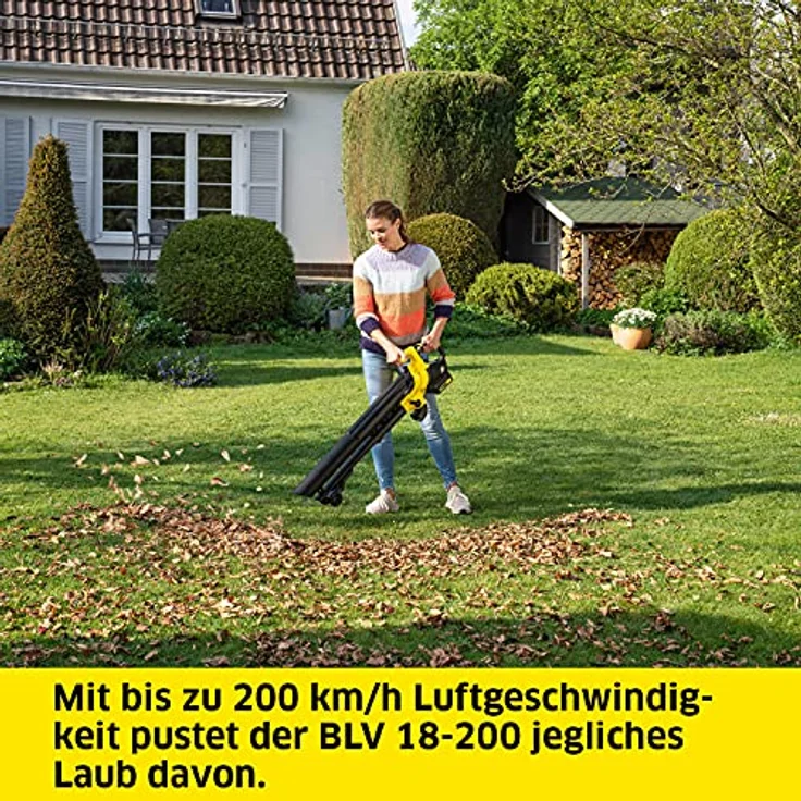 Kärcher BLV 18-200 Battery Akku-Laubbläser und -sauger (Leistung je Akkuladung: 425 qm, Geschwindigkeitsregulierung, Fanksackvolumen: 45 l, Luftgeschwindigkeit: 200 km-h, 3,5 kg Gewicht) – Bild 3