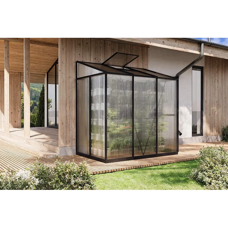 OUTFLEXX Gewächshaus Verde Comfort, Anlehn-Gewächshaus mit stabilem Aluminiumrahmen, 4 mm Polycarbonatplatten, 192 x 125 x 210 cm, schwarz, UV-beständig und wetterfest