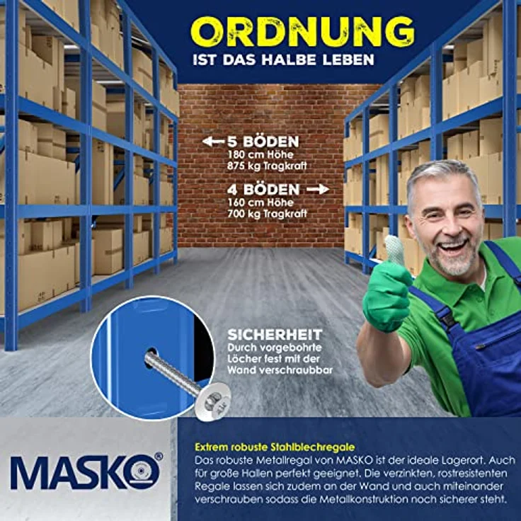 MASKO 2er-Set Lagerregal Schwerlastregal, Kellerregal , bis 875 kg belastbar, 5 verstellbare Ablagen, MDF-Platten Regal aus Metall, Steckregal, Werkstattregal, Keller, Garage 2x 180x90x40cm 5-Böden, 2x Blau 875kg – Bild 6