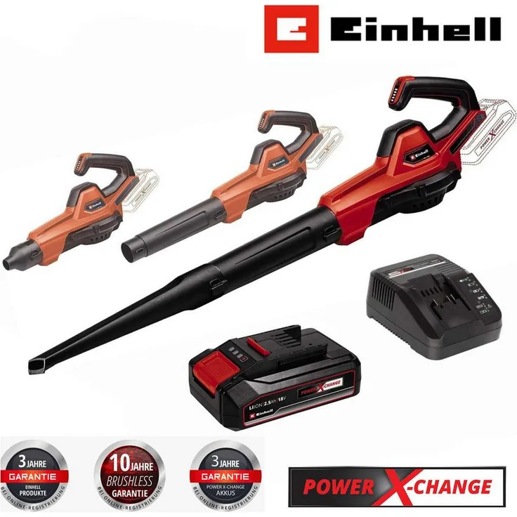 Einhell Akku-Laubbläser Universalbläser GE-UB 18/250 Li E 18 V mit Akku 2.5 Ah + Ladegerät, Mitglied der Power X-Change Familie, 3-teiliges Blasrohr, elektr. Drehzahlregelung mit LED-Anzeige, 250 km/h Luftgeschwindigkeit, in Rot.