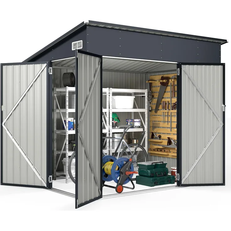 GOPLUS Gerätehaus Metall, 5,3 m³ Geräteschuppen mit drei Türen, abschließbar, Schrägdach, dunkelgrau (225 x 161 x 197 cm)
